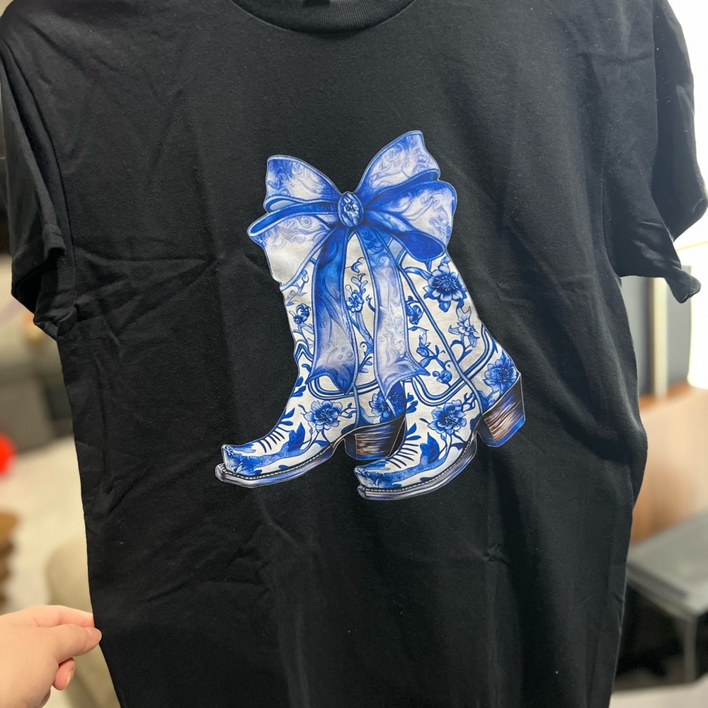 Black T-Shirt with Blue and White Boot Design
